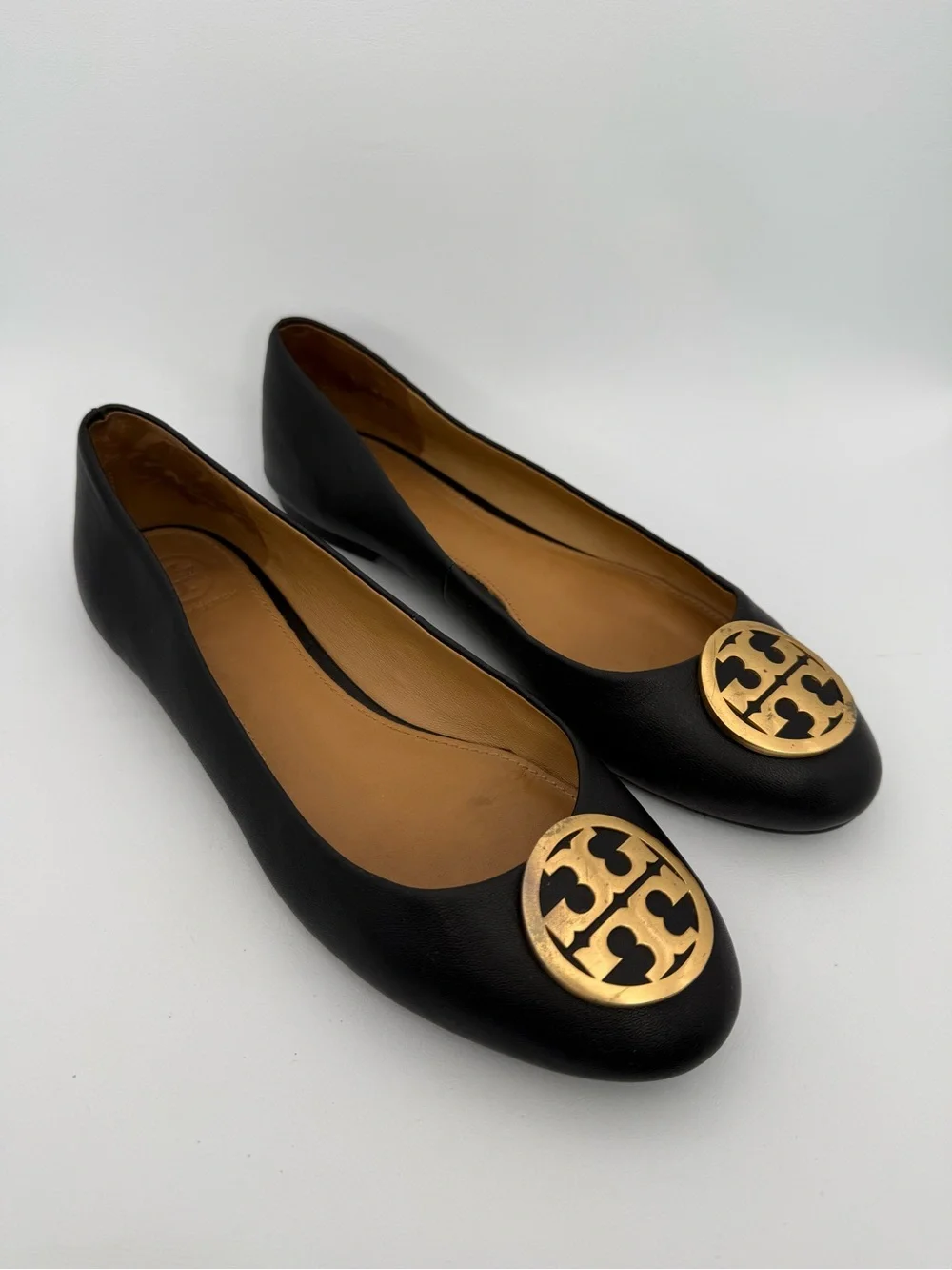 TORY BURCH Black Benton Ballet Flat Nappa Leather Gold Logo Sz 9 Comfort Y2K